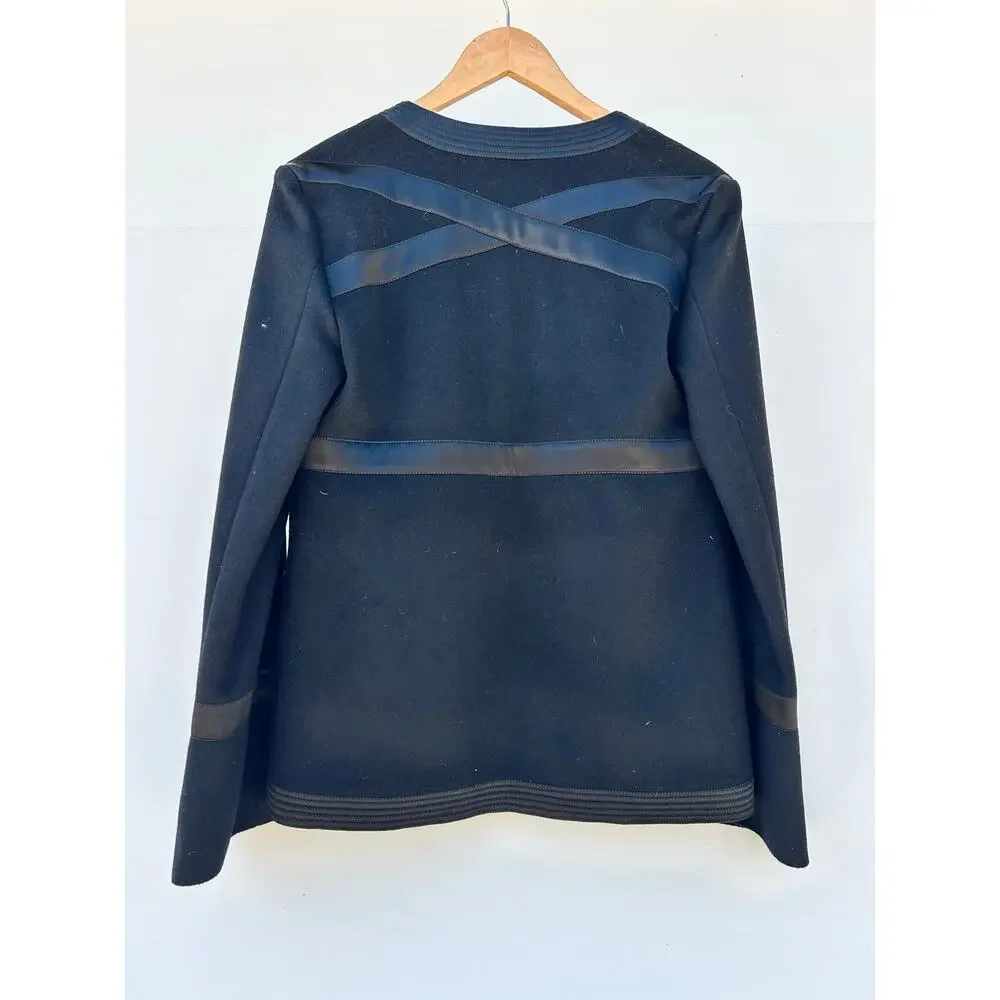 Chloé Chloe Black Wool Cashmere Jacket Leather Trim Paris 40 Cardigan